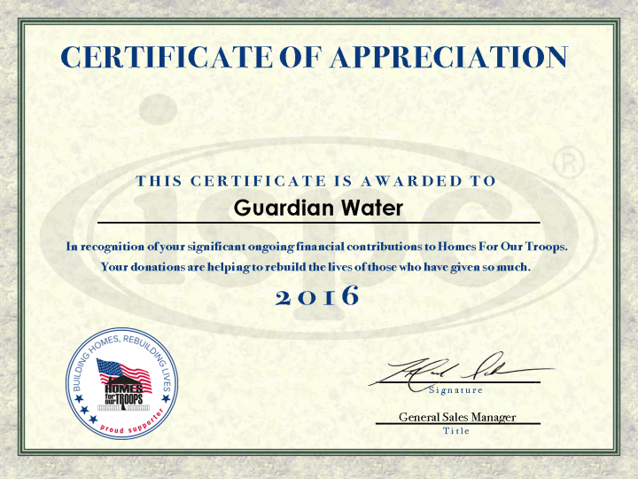 Guardian Water Home for Our Troops Certificate for 2016