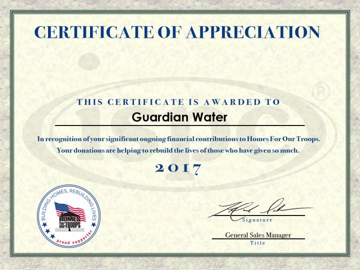 Guardian Water Home for Our Troops Certificate for 2017