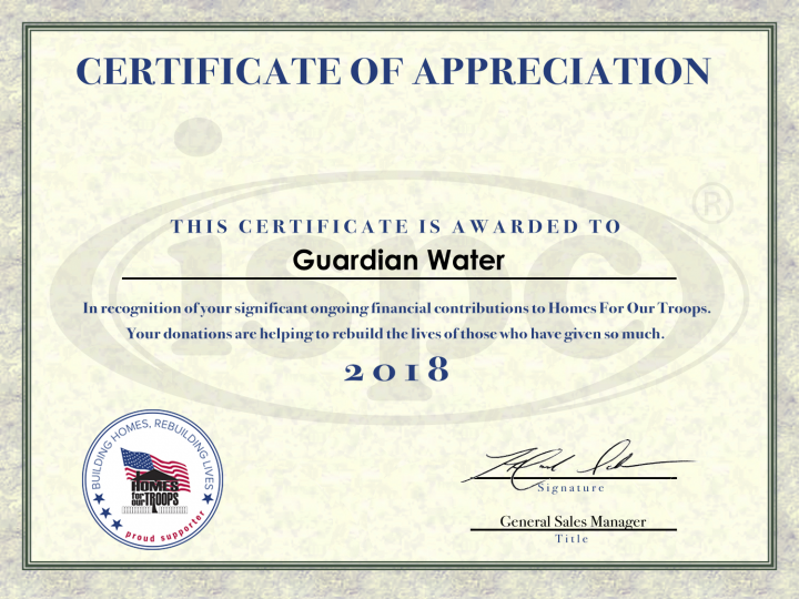 Guardian Water Home for Our Troops Certificate for 2018